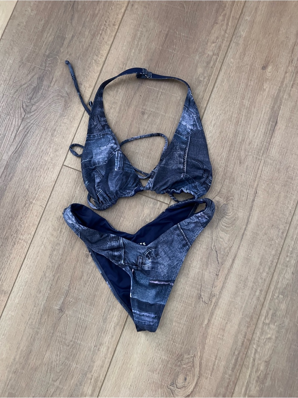 Frankie's Bikinis Navy Blue Denim-Print Triangle Bikini Top Large Bottom Sz Smal